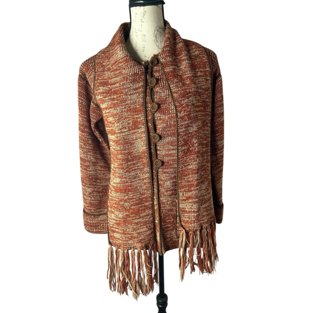 Vintage 60s Scarf Cardigan‎ Sweater M Brown Marble Knit Buttons Attached Scarf